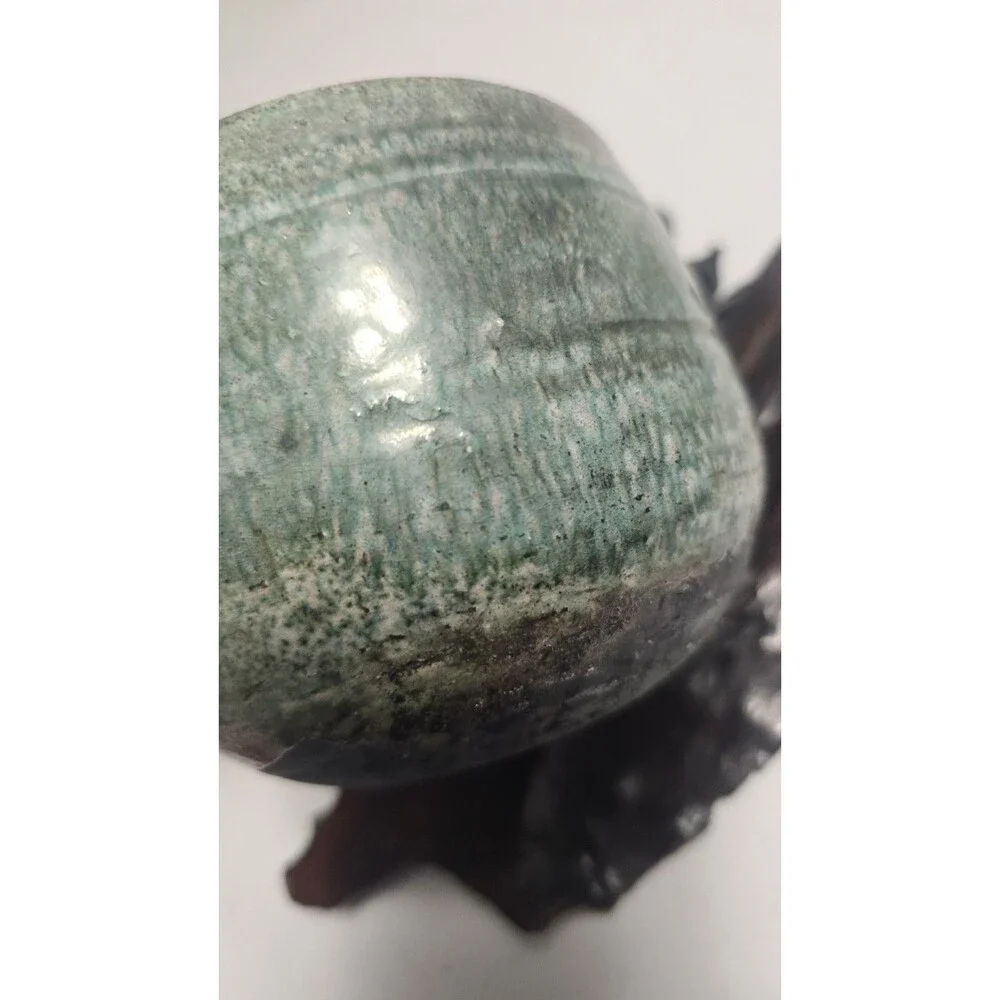 Vintage Green Glaze Raku Studio Pottery Pot / Vase Crackle Interior Signed